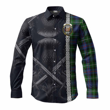 Tartan Vibes Clothing Baillie (Bailey) Tartan Long Sleeve Button Shirt with Family Crest Cross Sword Thistle Celtic Vibes