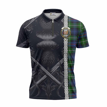 Baillie (Bailey) Tartan Zipper Polo Shirt with Family Crest Cross Sword Thistle Celtic Vibes Unisex - Tartan Vibes Clothing