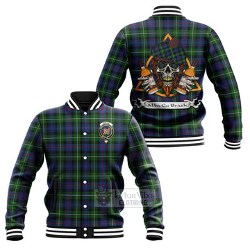 Baillie (Bailey) Tartan Baseball Jacket with Family Crest and Bearded Skull Holding Bottles of Whiskey Unisex - Tartan Vibes Clothing