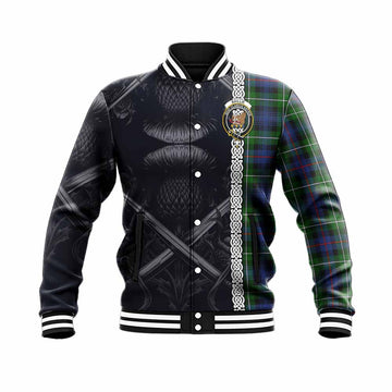 Baillie (Bailey) Tartan Baseball Jacket with Family Crest Cross Sword Thistle Celtic Vibes Unisex - Tartan Vibes Clothing