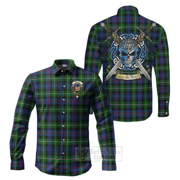 Baillie (Bailey) Tartan Long Sleeve Button Shirt with Family Crest Celtic Skull Style Men's Shirt S - Tartan Vibes Clothing
