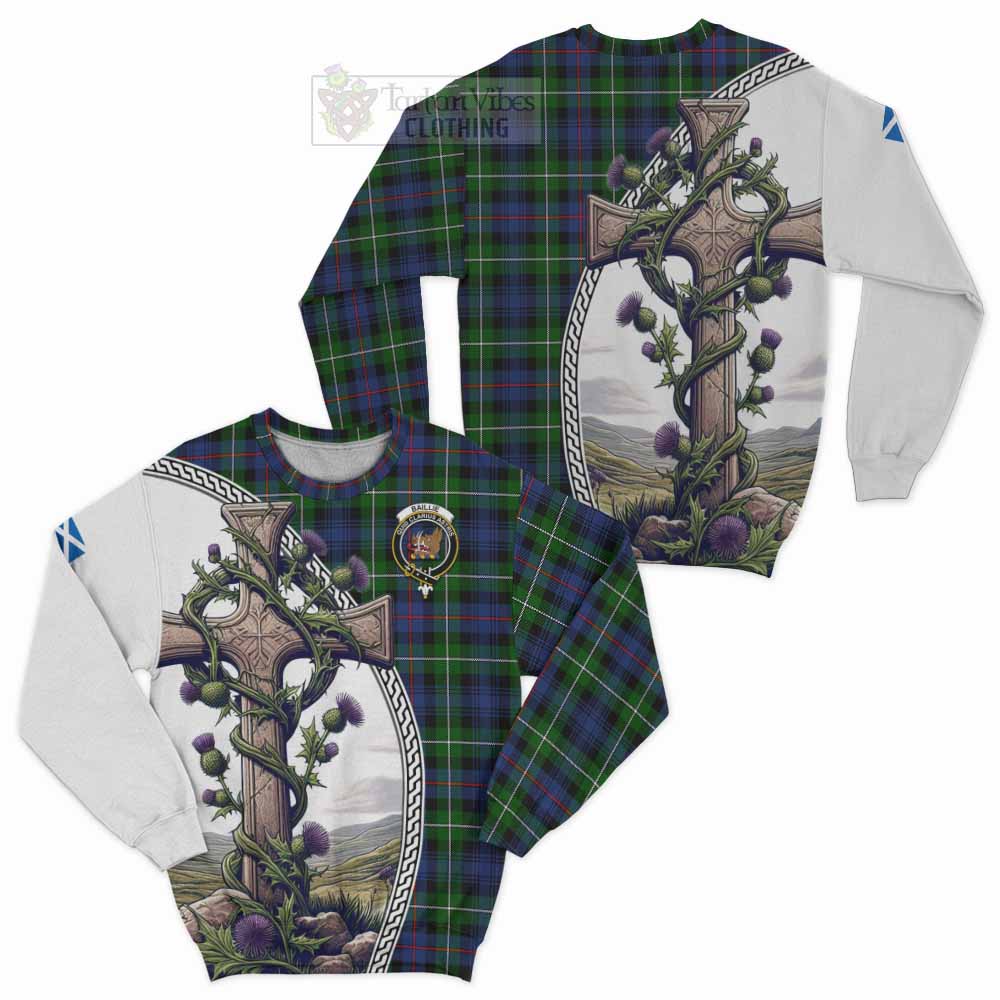 Tartan Vibes Clothing Baillie (Bailey) Tartan Sweatshirt with Family Crest and St. Andrew's Cross Accented by Thistle Vines