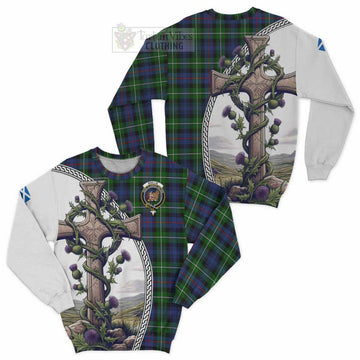Tartan Vibes Clothing Baillie (Bailey) Tartan Sweatshirt with Family Crest and St. Andrew's Cross Accented by Thistle Vines