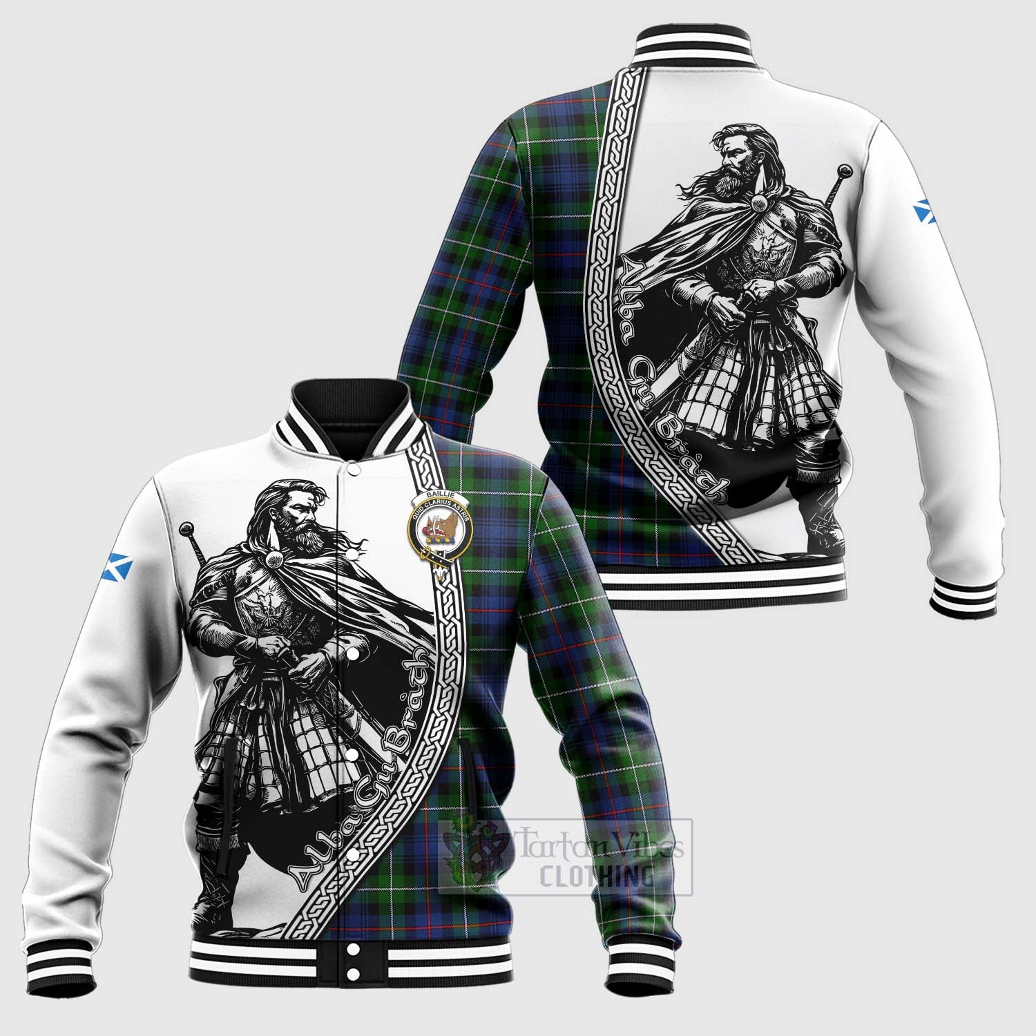 Baillie (Bailey) Tartan Clan Crest Baseball Jacket with Highlander Warrior Celtic Style Unisex - Tartan Vibes Clothing