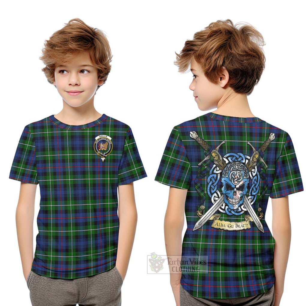 Baillie (Bailey) Tartan Kid T-Shirt with Family Crest Celtic Skull Style Youth XL Size14 - Tartan Vibes Clothing
