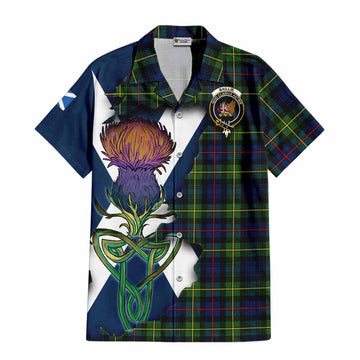 Tartan Vibes Clothing Baillie (Bailey) Tartan Family Crest Short Sleeve Button Shirt Scottish Thistle Celtic Inspired