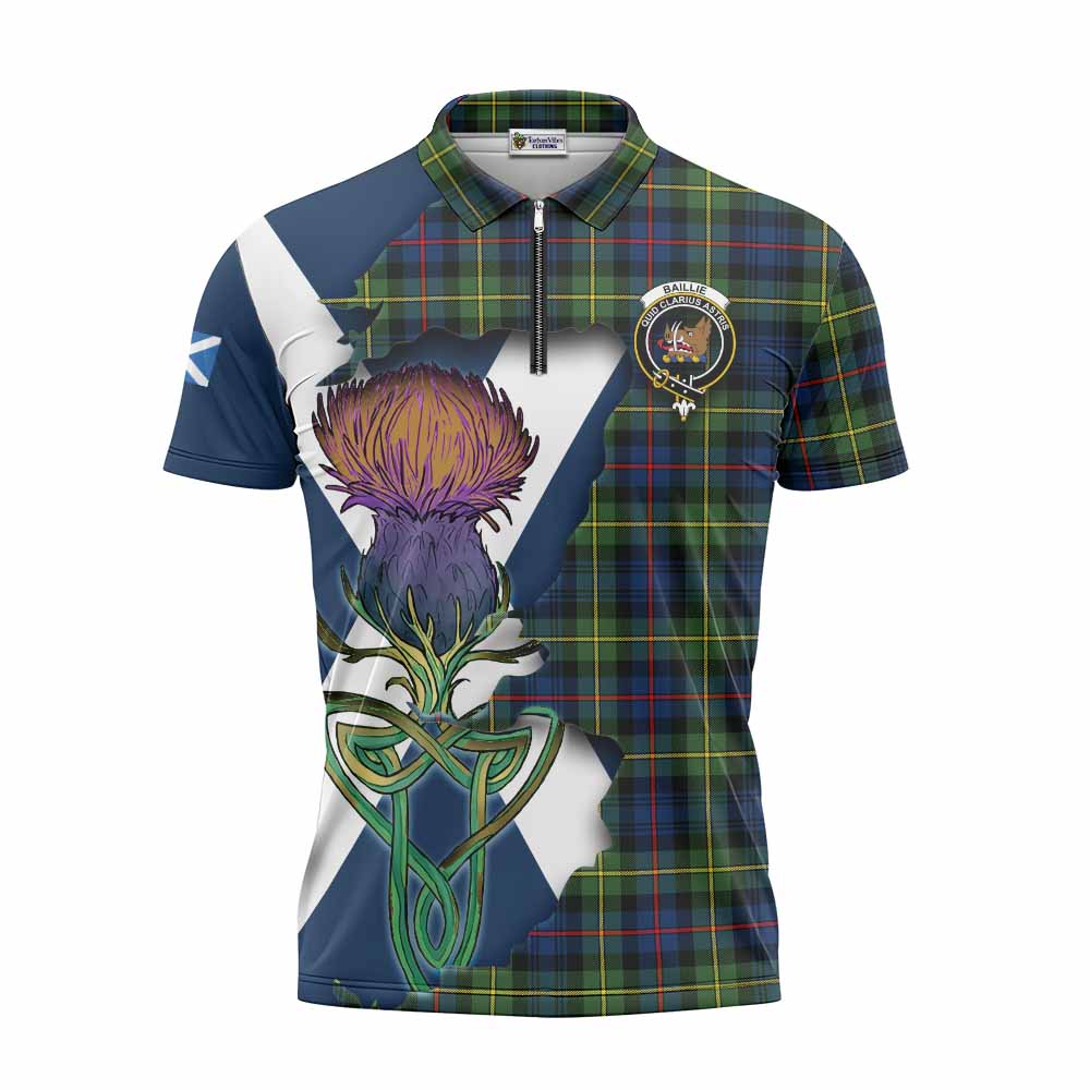 Tartan Vibes Clothing Baillie (Bailey) Tartan Family Crest Zipper Polo Shirt Scottish Thistle Celtic Inspired