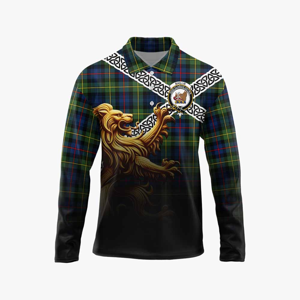 Baillie (Bailey) Crest Tartan Long Sleeve Polo Shirt with Golden Lion Emblem Celtic Style Unisex - Tartan Vibes Clothing