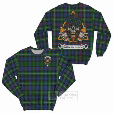 Baillie (Bailey) Tartan Sweatshirt with Family Crest and Bearded Skull Holding Bottles of Whiskey Unisex - Tartan Vibes Clothing