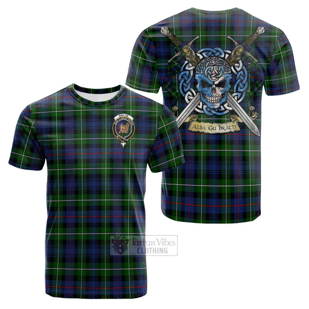 Tartan Vibes Clothing Baillie (Bailey) Tartan Cotton T-shirt with Family Crest Celtic Skull Style
