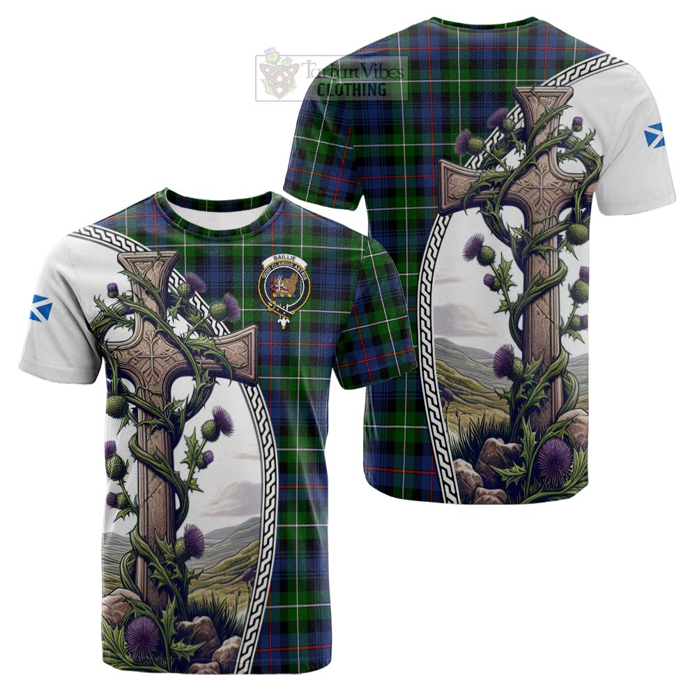 Tartan Vibes Clothing Baillie (Bailey) Tartan Cotton T-shirt with Family Crest and St. Andrew's Cross Accented by Thistle Vines