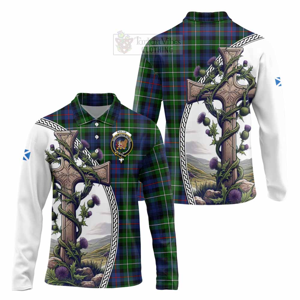 Tartan Vibes Clothing Baillie (Bailey) Tartan Long Sleeve Polo Shirt with Family Crest and St. Andrew's Cross Accented by Thistle Vines