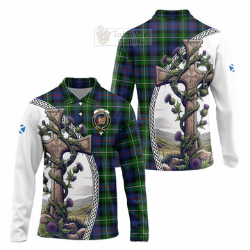 Tartan Vibes Clothing Baillie (Bailey) Tartan Long Sleeve Polo Shirt with Family Crest and St. Andrew's Cross Accented by Thistle Vines