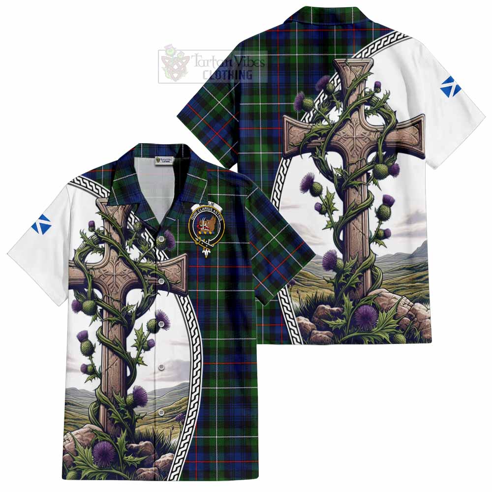 Tartan Vibes Clothing Baillie (Bailey) Tartan Short Sleeve Button Shirt with Family Crest and St. Andrew's Cross Accented by Thistle Vines