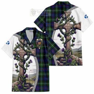 Tartan Vibes Clothing Baillie (Bailey) Tartan Short Sleeve Button Shirt with Family Crest and St. Andrew's Cross Accented by Thistle Vines