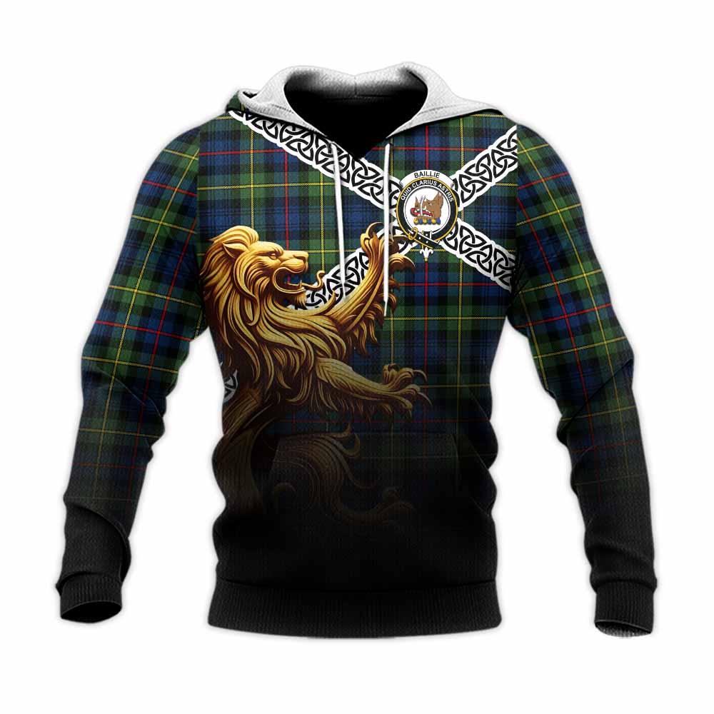 Baillie (Bailey) Crest Tartan Knitted Hoodie with Golden Lion Emblem Celtic Style Unisex Knitted Pullover Hoodie - Tartan Vibes Clothing