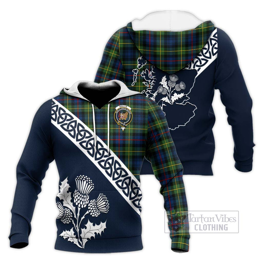 Baillie (Bailey) Tartan Knitted Hoodie Featuring Thistle and Scotland Map Unisex Knitted Pullover Hoodie - Tartan Vibes Clothing