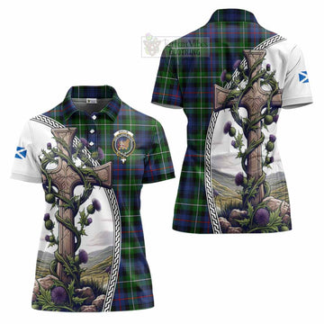 Tartan Vibes Clothing Baillie (Bailey) Tartan Women's Polo Shirt with Family Crest and St. Andrew's Cross Accented by Thistle Vines