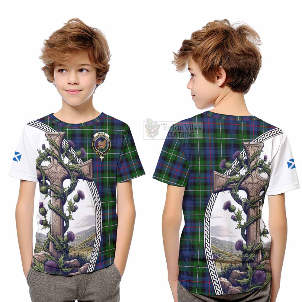 Tartan Vibes Clothing Baillie (Bailey) Tartan Kid T-Shirt with Family Crest and St. Andrew's Cross Accented by Thistle Vines