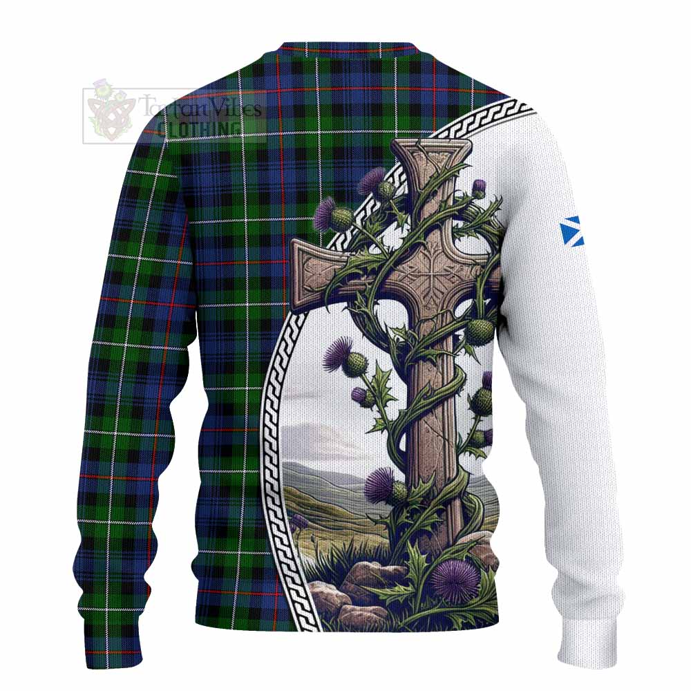 Tartan Vibes Clothing Baillie (Bailey) Tartan Knitted Sweater with Family Crest and St. Andrew's Cross Accented by Thistle Vines