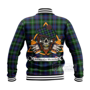 Baillie (Bailey) Tartan Baseball Jacket with Family Crest and Bearded Skull Holding Bottles of Whiskey - Tartan Vibes Clothing