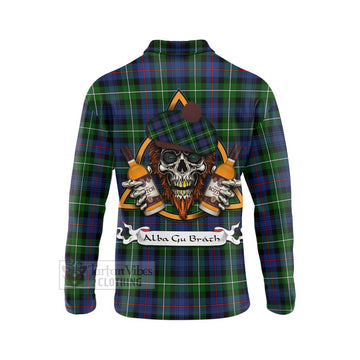 Baillie (Bailey) Tartan Long Sleeve Polo Shirt with Family Crest and Bearded Skull Holding Bottles of Whiskey - Tartan Vibes Clothing