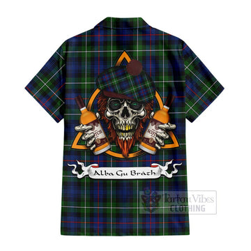Baillie (Bailey) Tartan Hawaiian Shirt with Family Crest and Bearded Skull Holding Bottles of Whiskey - Tartan Vibes Clothing