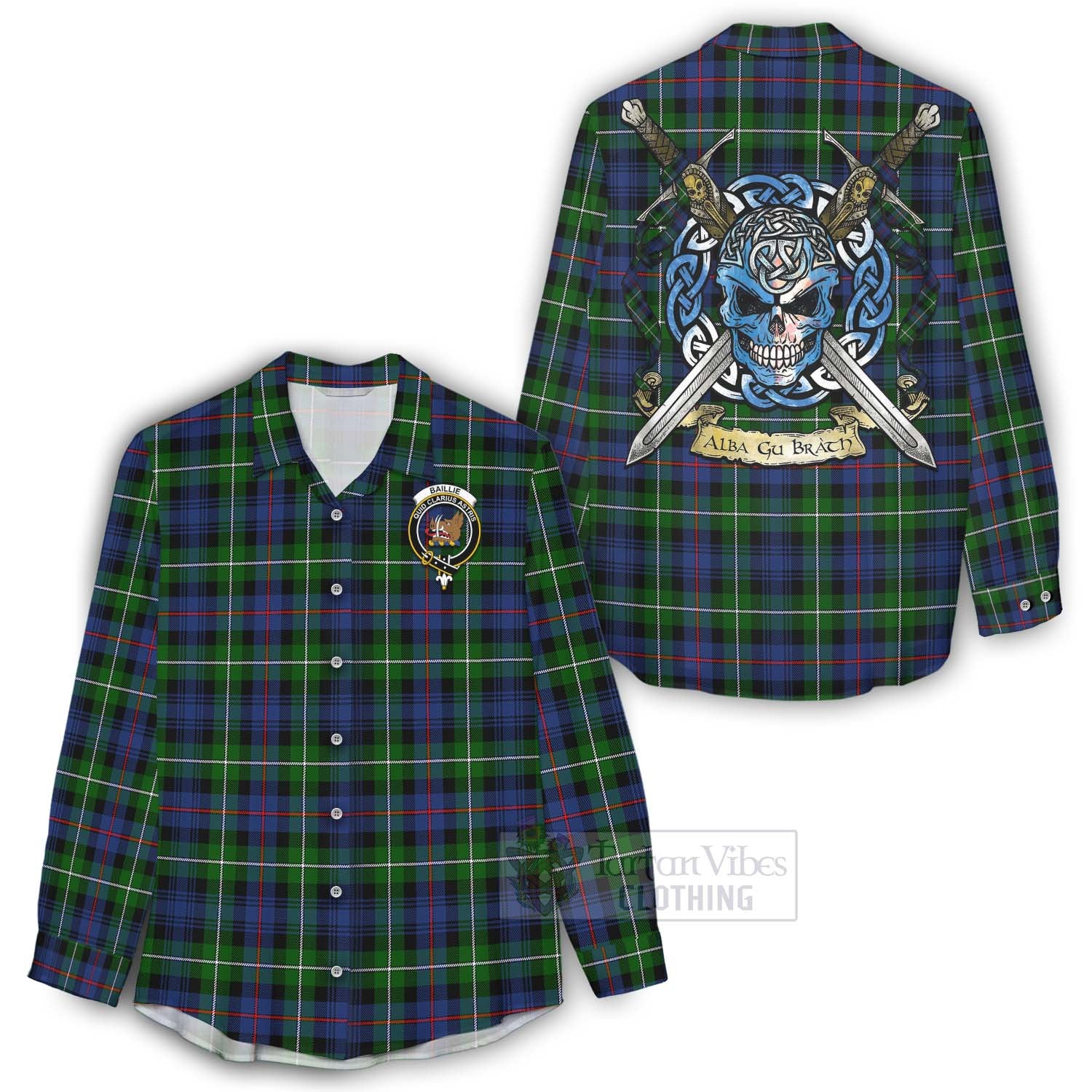 Baillie (Bailey) Tartan Women's Casual Shirt with Family Crest Celtic Skull Style - Tartan Vibes Clothing