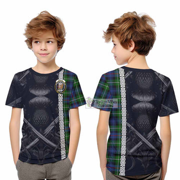 Baillie (Bailey) Tartan Kid T-Shirt with Family Crest Cross Sword Thistle Celtic Vibes - Tartan Vibes Clothing