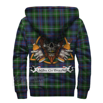 Baillie (Bailey) Tartan Sherpa Hoodie with Family Crest and Bearded Skull Holding Bottles of Whiskey - Tartan Vibes Clothing