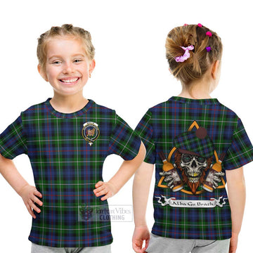 Baillie (Bailey) Tartan Kid T-Shirt with Family Crest and Bearded Skull Holding Bottles of Whiskey - Tartan Vibes Clothing