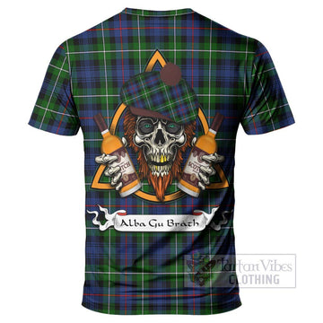 Tartan Vibes Clothing Baillie (Bailey) Tartan T-Shirt with Family Crest and Bearded Skull Holding Bottles of Whiskey