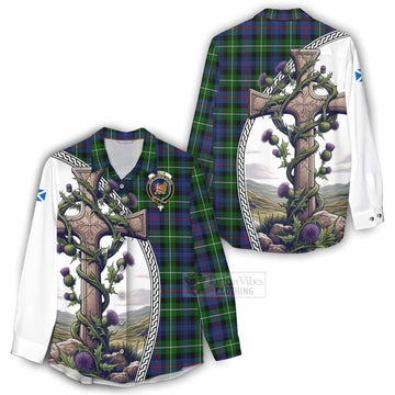Tartan Vibes Clothing Baillie (Bailey) Tartan Women's Casual Shirt with Family Crest and St. Andrew's Cross Accented by Thistle Vines