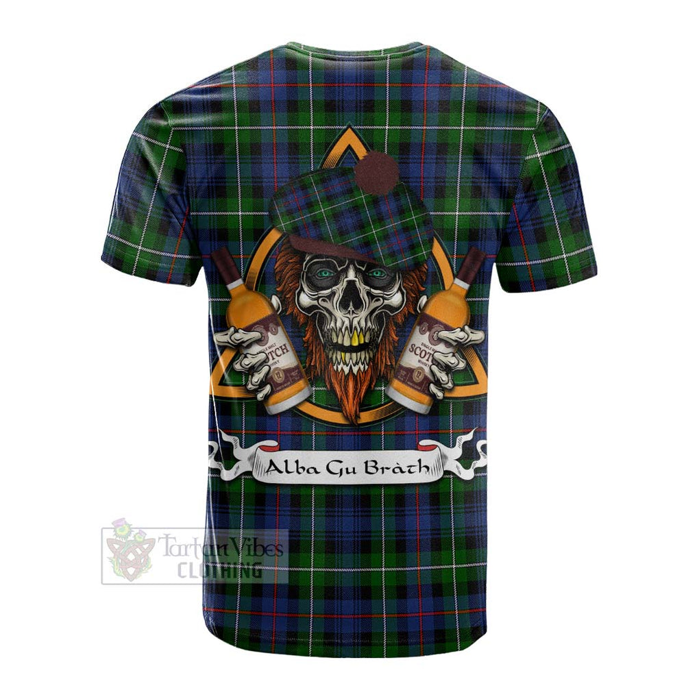 Tartan Vibes Clothing Baillie (Bailey) Tartan Cotton T-shirt with Family Crest and Bearded Skull Holding Bottles of Whiskey