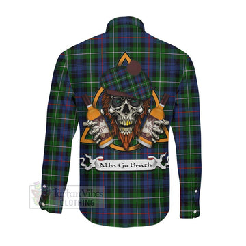 Baillie (Bailey) Tartan Long Sleeve Button Shirt with Family Crest and Bearded Skull Holding Bottles of Whiskey Men's Shirt - Tartan Vibes Clothing