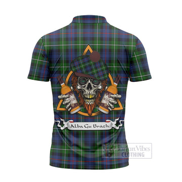 Baillie (Bailey) Tartan Zipper Polo Shirt with Family Crest and Bearded Skull Holding Bottles of Whiskey - Tartan Vibes Clothing
