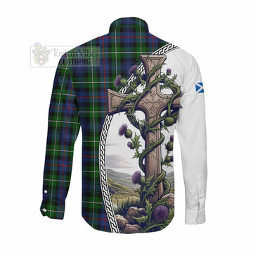 Tartan Vibes Clothing Baillie (Bailey) Tartan Long Sleeve Button Shirt with Family Crest and St. Andrew's Cross Accented by Thistle Vines