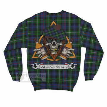 Baillie (Bailey) Tartan Sweatshirt with Family Crest and Bearded Skull Holding Bottles of Whiskey - Tartan Vibes Clothing