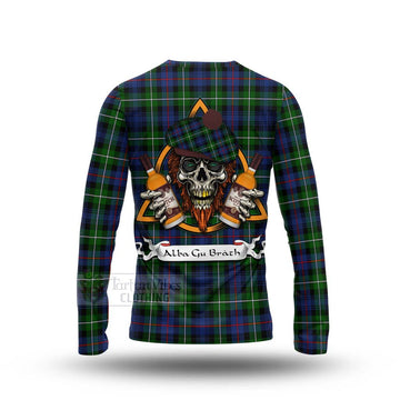 Baillie (Bailey) Tartan Long Sleeve T-Shirt with Family Crest and Bearded Skull Holding Bottles of Whiskey - Tartan Vibes Clothing
