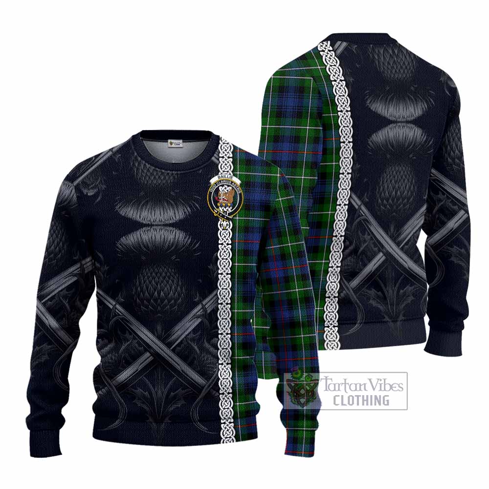 Baillie (Bailey) Tartan Knitted Sweater with Family Crest Cross Sword Thistle Celtic Vibes - Tartan Vibes Clothing