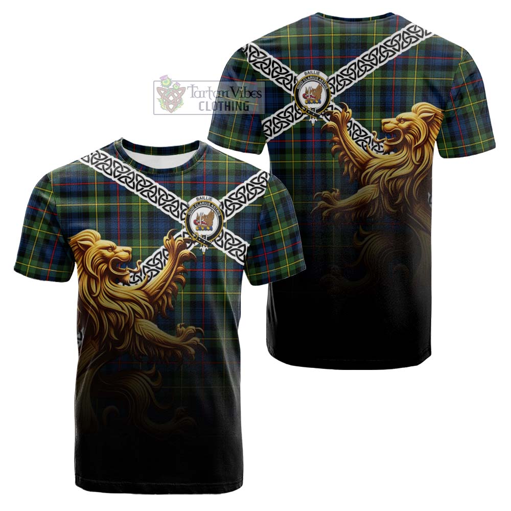 Tartan Vibes Clothing Baillie (Bailey) Crest Tartan Cotton T-shirt with Golden Lion Emblem Celtic Style