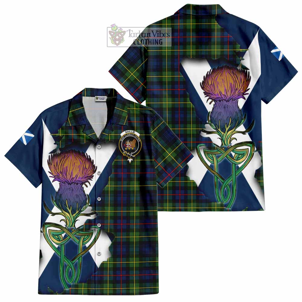 Tartan Vibes Clothing Baillie (Bailey) Tartan Family Crest Short Sleeve Button Shirt Scottish Thistle Celtic Inspired