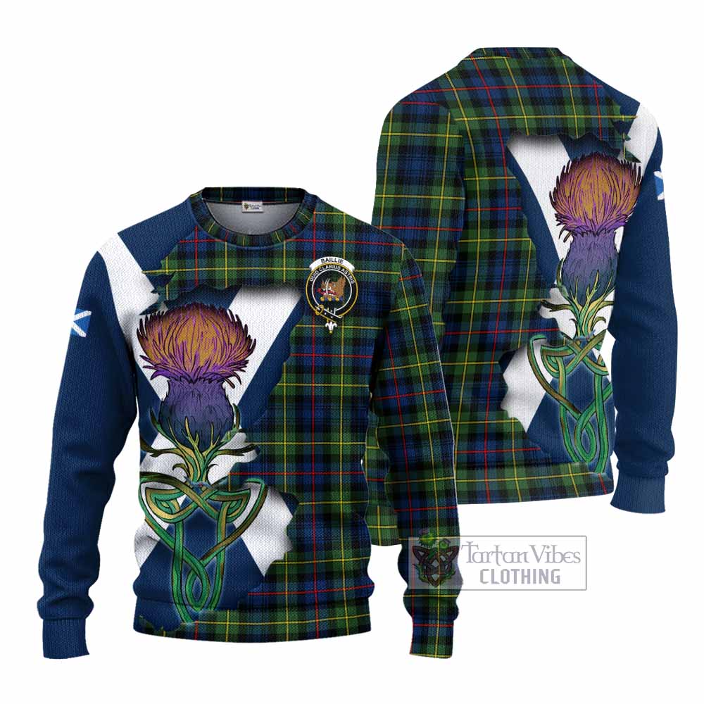 Tartan Vibes Clothing Baillie (Bailey) Tartan Family Crest Knitted Sweater Scottish Thistle Celtic Inspired