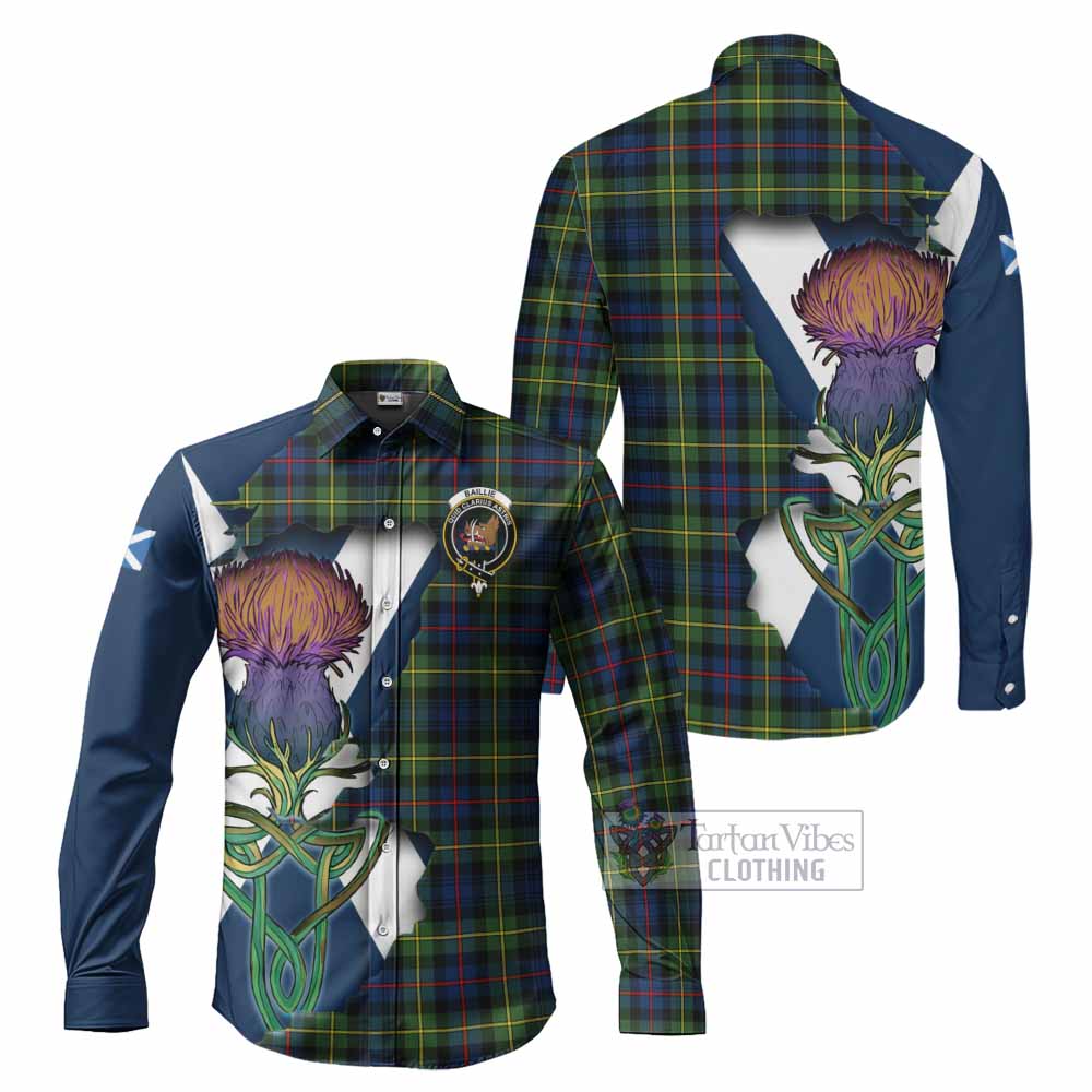 Tartan Vibes Clothing Baillie (Bailey) Tartan Family Crest Long Sleeve Button Shirt Scottish Thistle Celtic Inspired