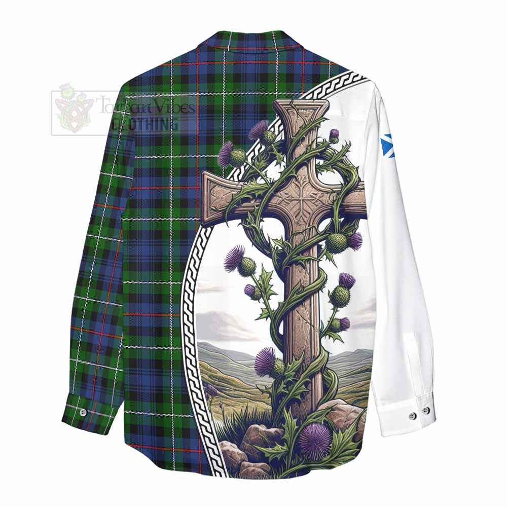 Tartan Vibes Clothing Baillie (Bailey) Tartan Women's Casual Shirt with Family Crest and St. Andrew's Cross Accented by Thistle Vines