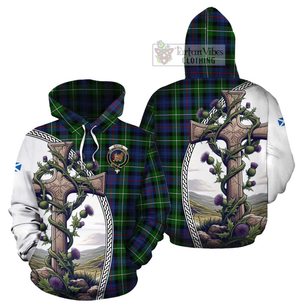 Tartan Vibes Clothing Baillie (Bailey) Tartan Cotton Hoodie with Family Crest and St. Andrew's Cross Accented by Thistle Vines