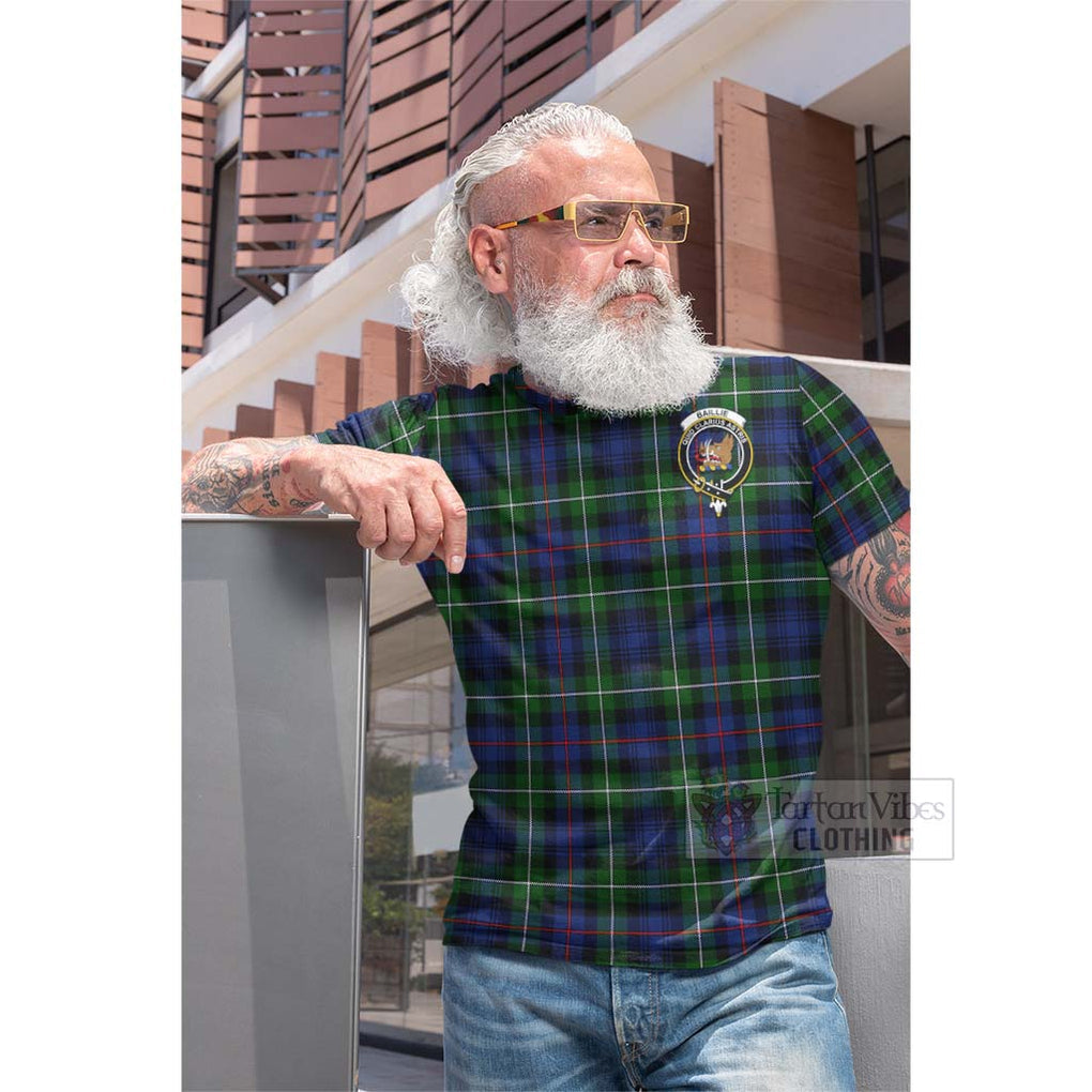 Tartan Vibes Clothing Baillie (Bailey) Tartan Cotton T-shirt with Family Crest and Bearded Skull Holding Bottles of Whiskey
