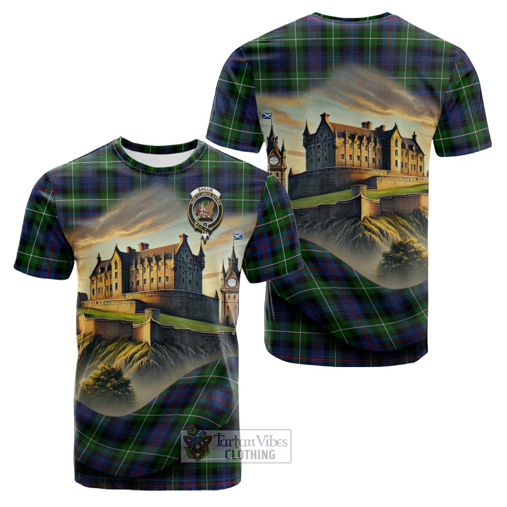 Baillie (Bailey) Tartan Family Crest Cotton T-shirt with Scottish Ancient Castle Style - Tartan Vibes Clothing
