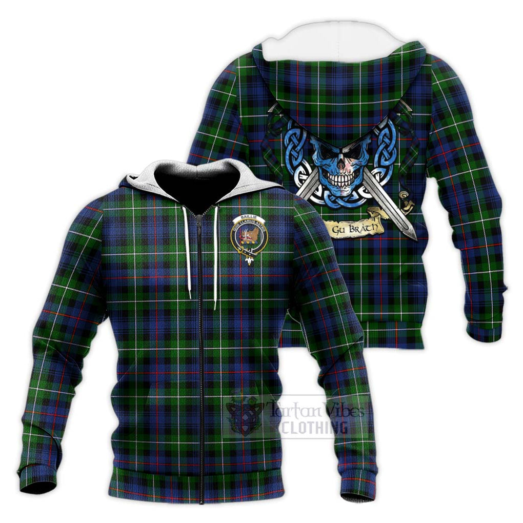 Baillie (Bailey) Tartan Knitted Hoodie with Family Crest Celtic Skull Style Unisex Knitted Zip Hoodie - Tartan Vibes Clothing