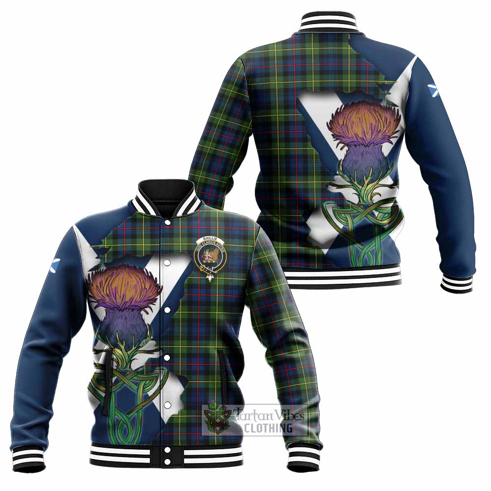 Tartan Vibes Clothing Baillie (Bailey) Tartan Family Crest Baseball Jacket Scottish Thistle Celtic Inspired